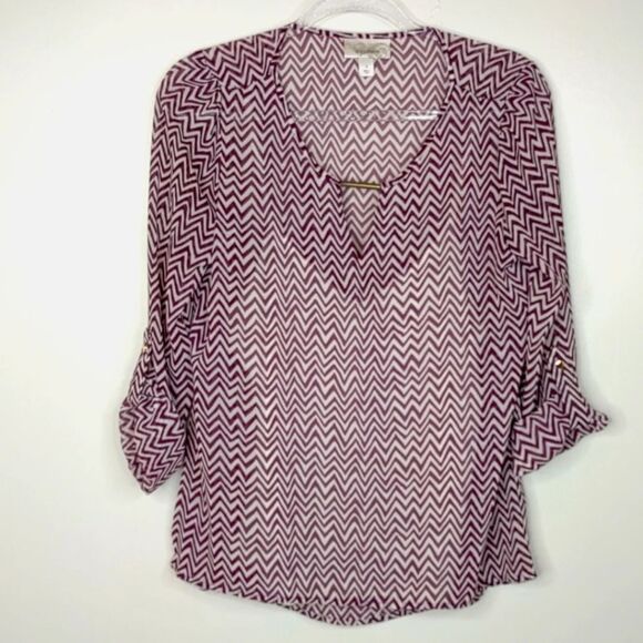 Dress Barn Roll-tab Striped Layered Tunic Blouse Purple and White size Small - Picture 1 of 16